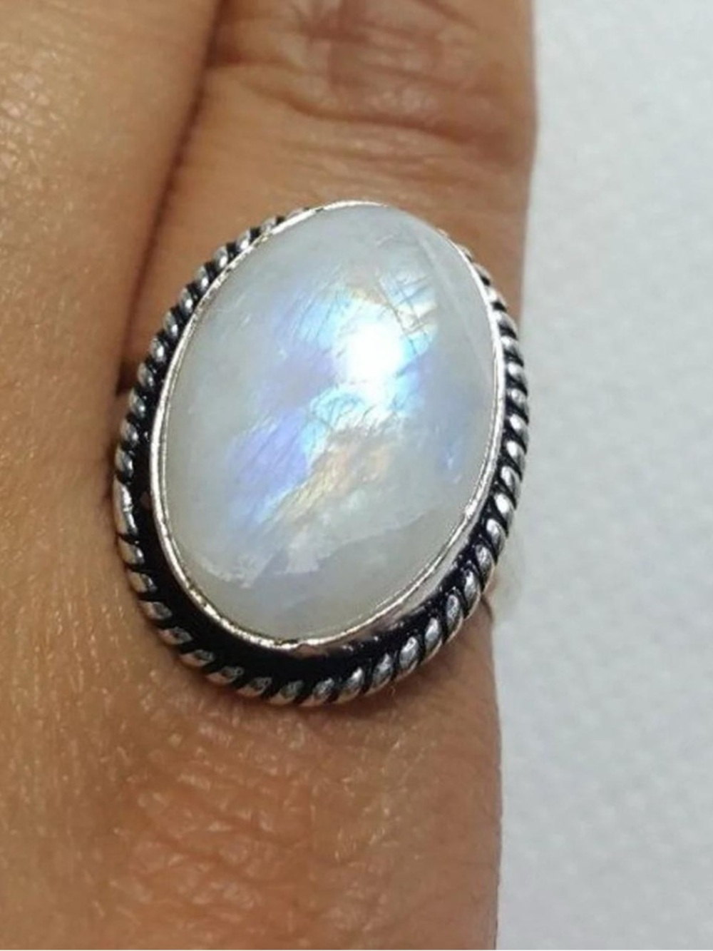 Silver Rainbow Moonstone Oval Ring in Iridescent White